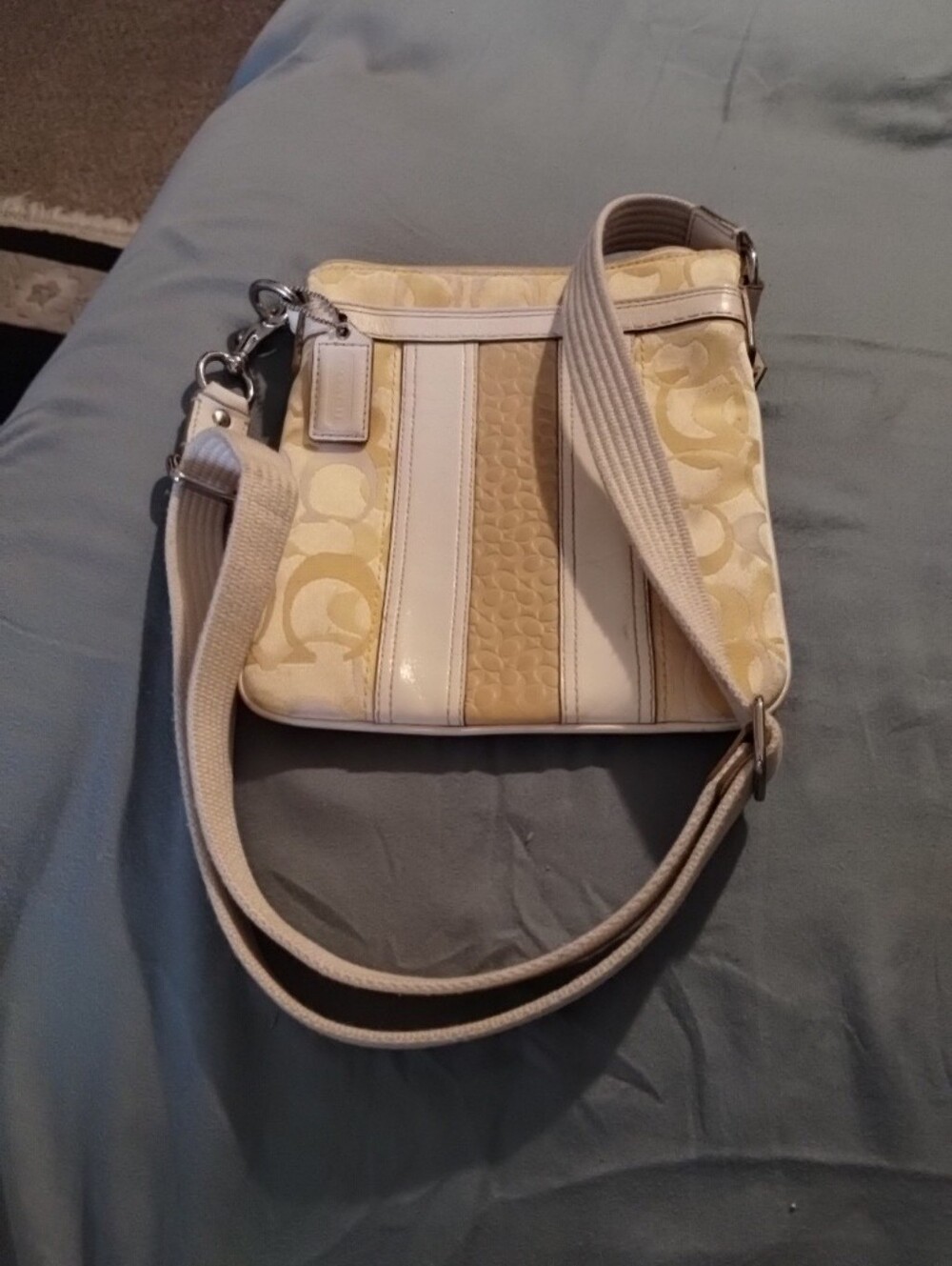 Y2K Coach SignatureYellow Logo Crossbodyw/ Dbl Leather Strips Zip & Adj.Strap